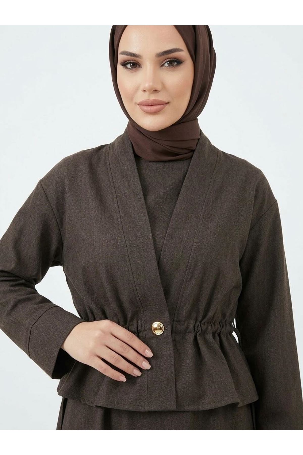 Ceket Detay İkili Elbise-Kahve