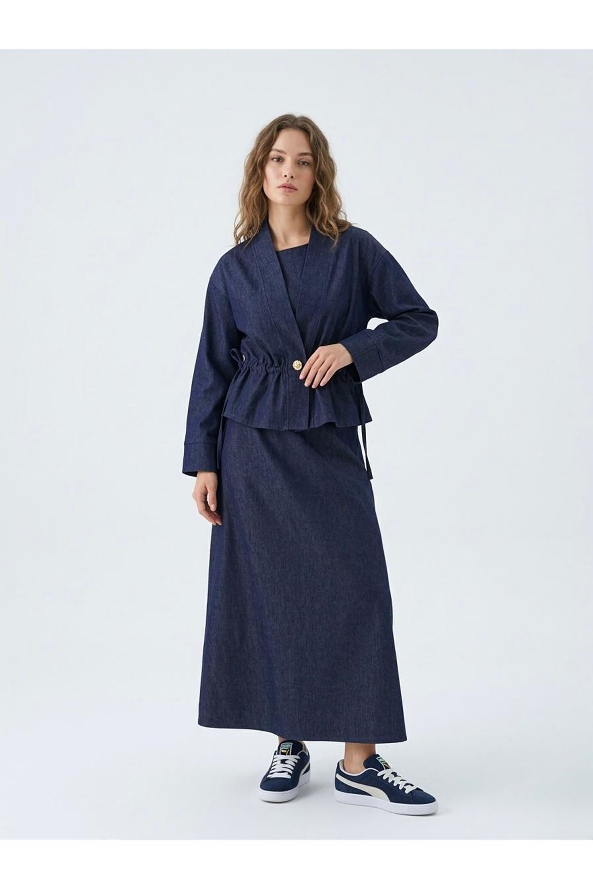 Ceket Detay İkili Elbise-Lacivert