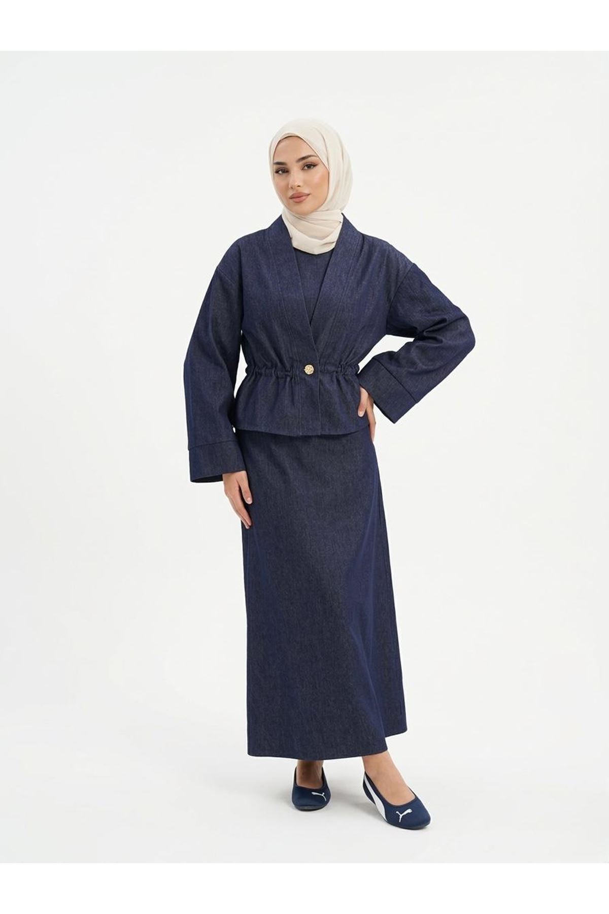 Ceket Detay İkili Elbise-Lacivert