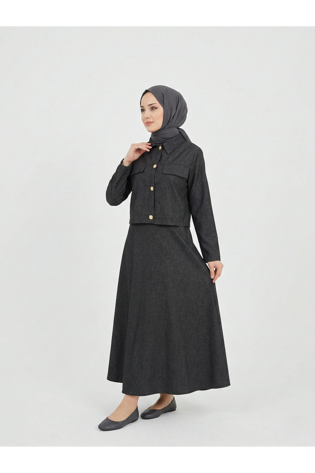 Ceket Düğme Detay İkili Elbise-Siyah