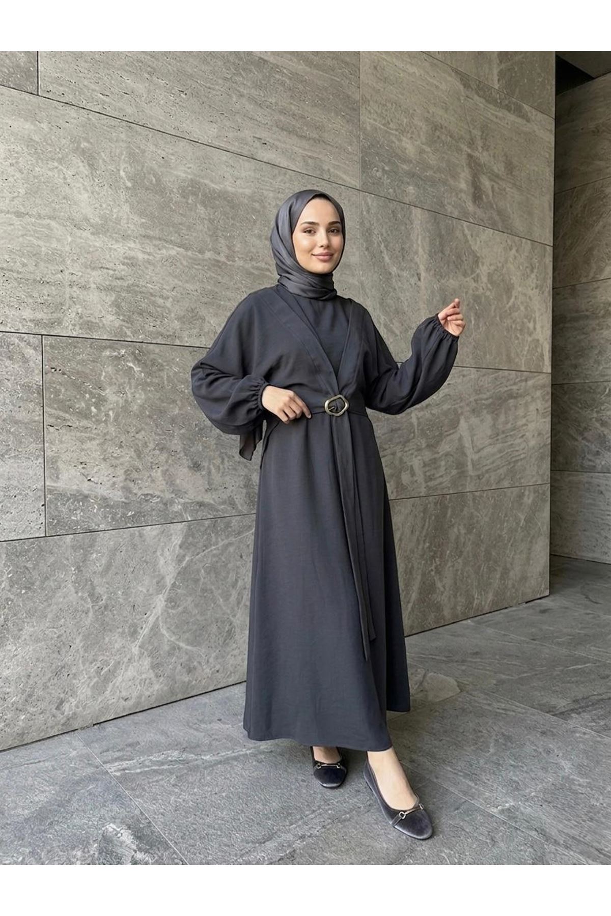 Önden Bağlamalı Aksesuar Detay İkili Elbise-Antrasit