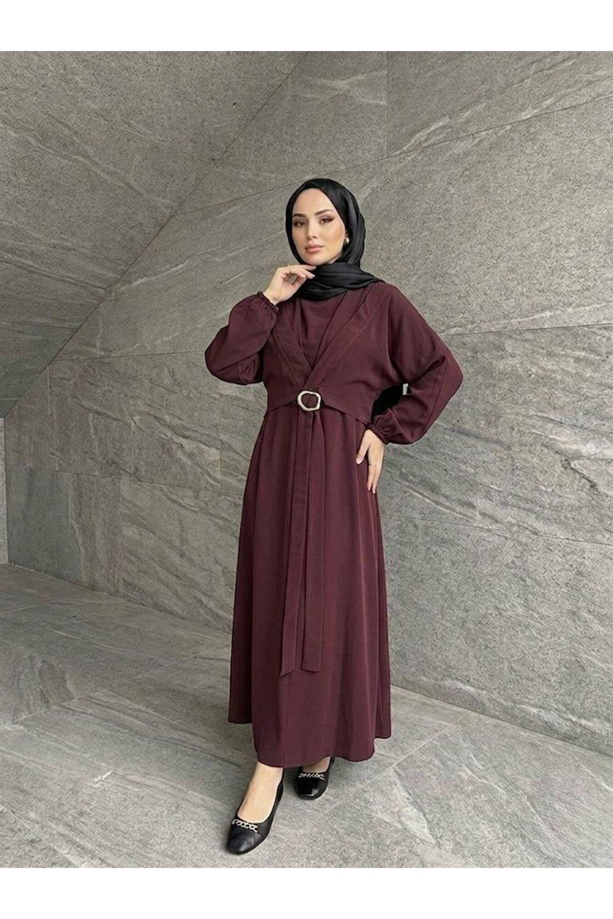 Önden Bağlamalı Aksesuar Detay İkili Elbise-Bordo