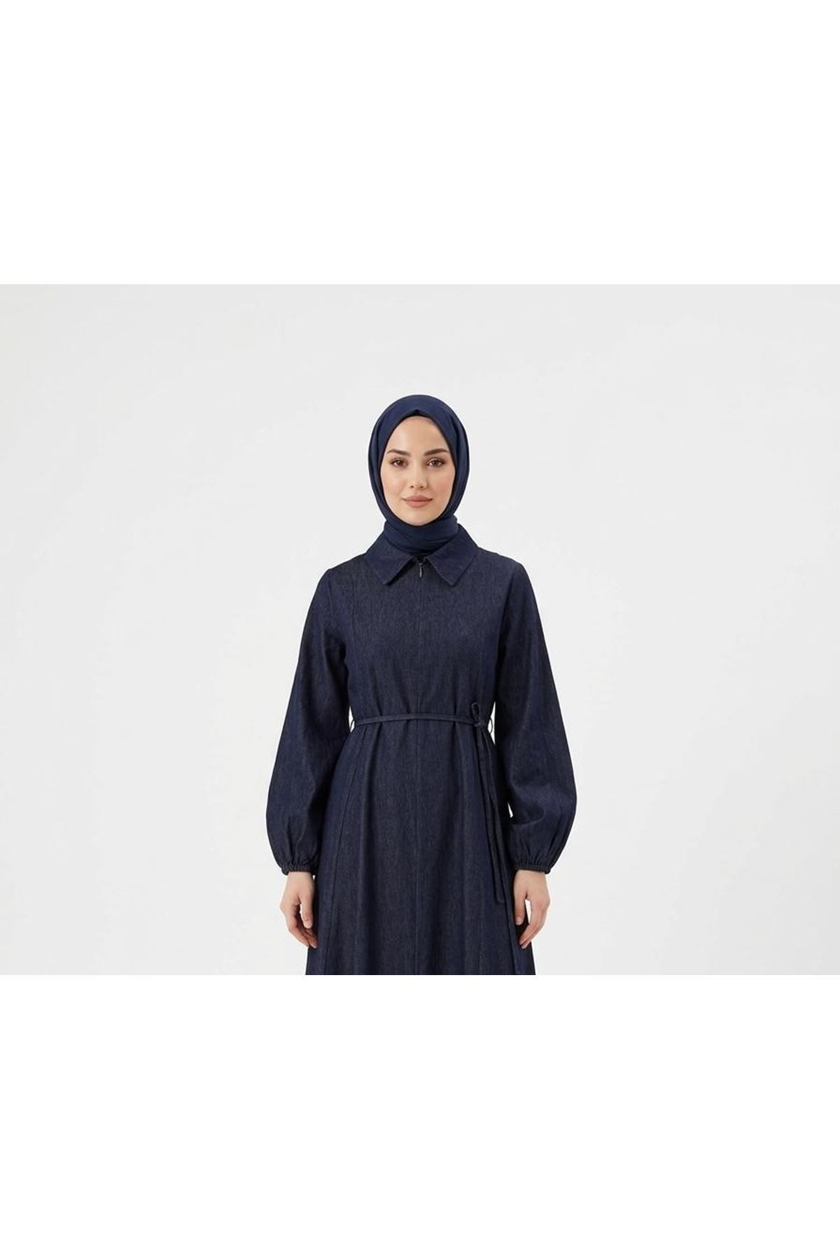 Yakalı Fermuar Detay Elbise-Lacivert