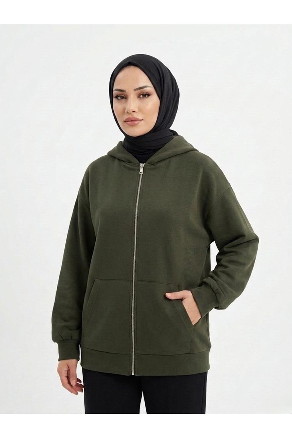 Kapşonlu Fermuarlı Hırka-Haki