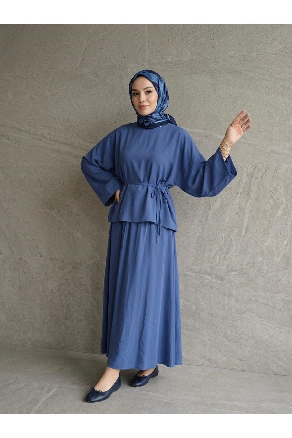 Arka Fermuarlı Etekli Takım-İndigo