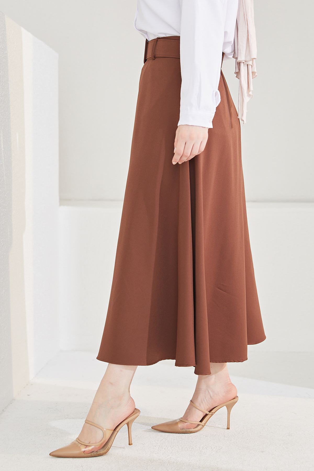 Kemerli Kloş Etek-Kahve