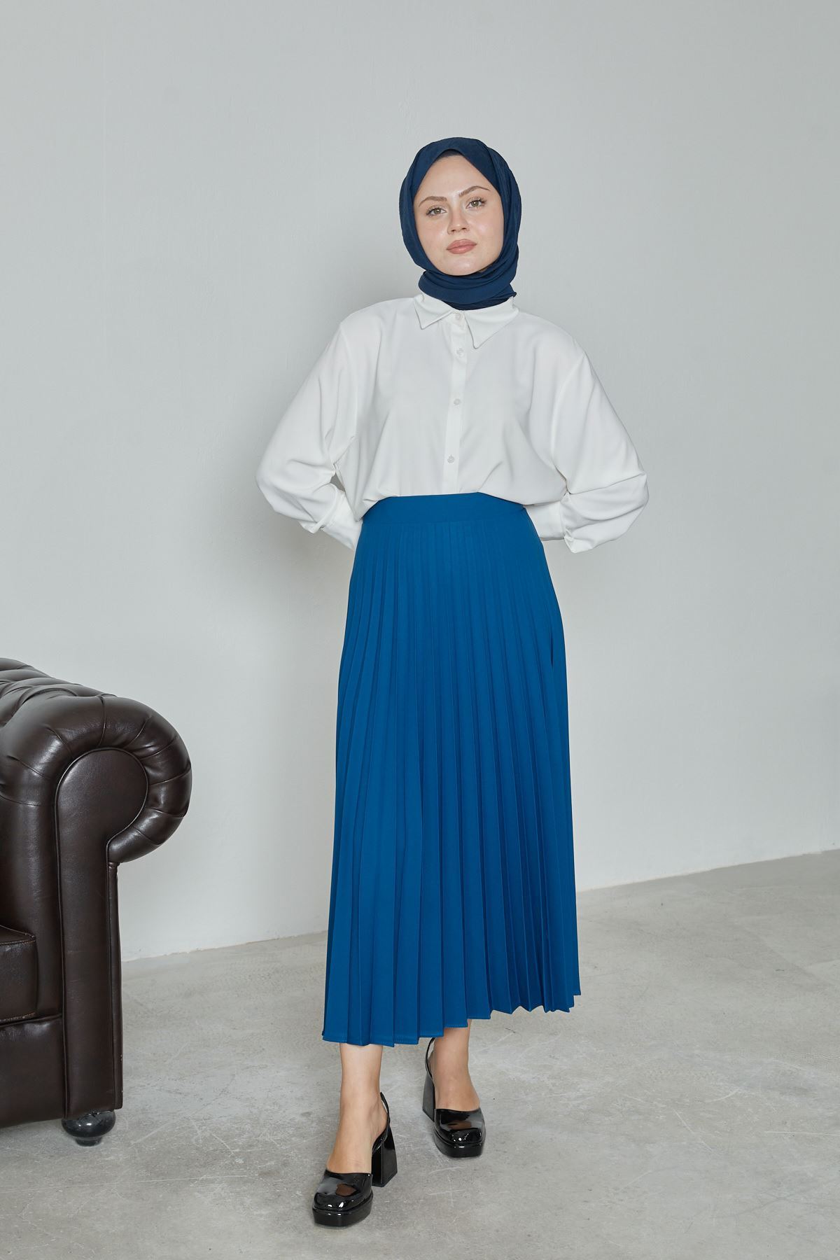 Kadın Soley Pilise Detaylı Yazlık Uzun Tesettür Etek-İndigo