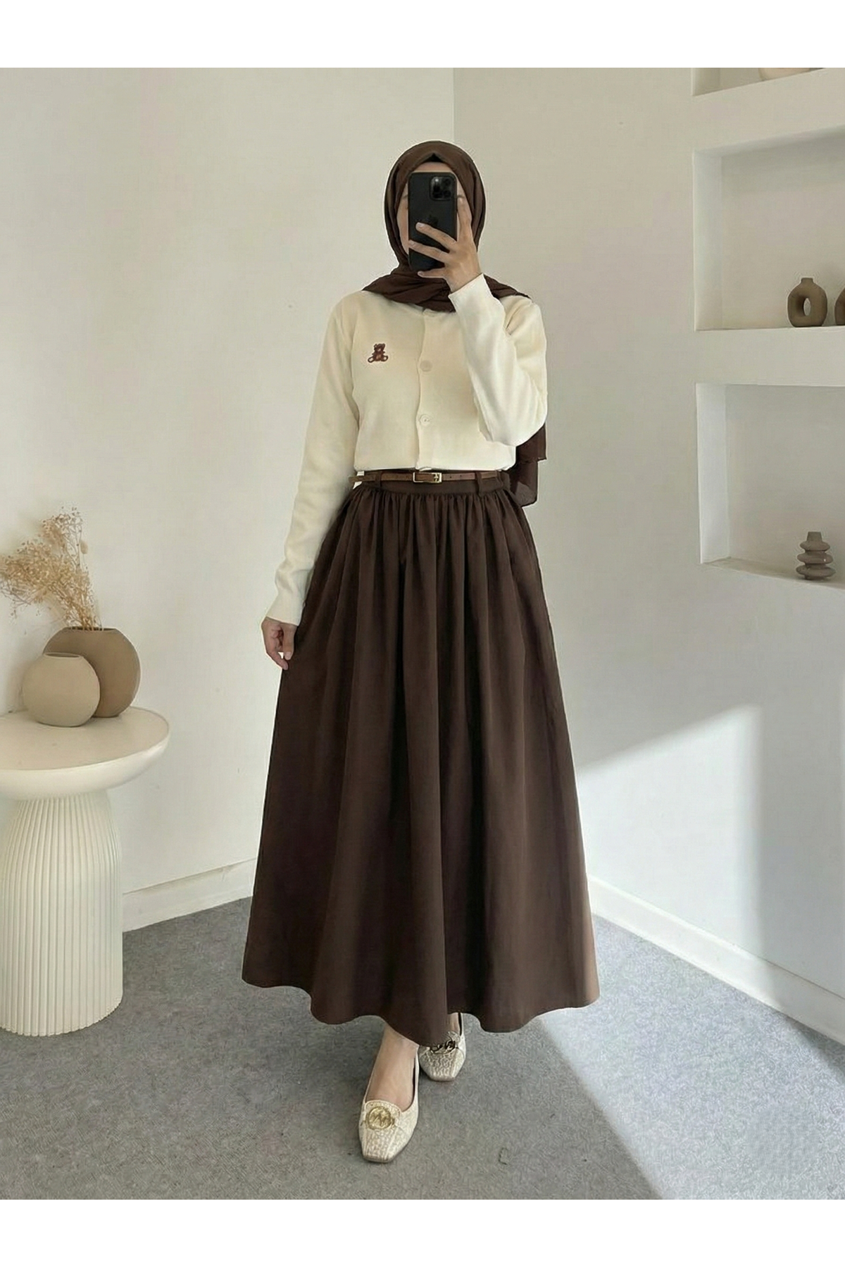 Cepli Kemerli Büzgülü Etek-Kahve