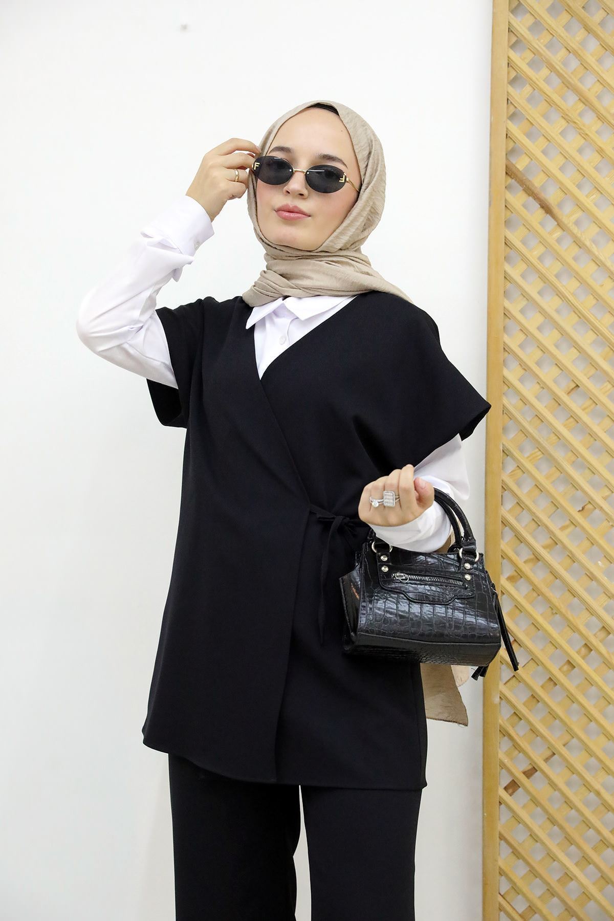 Yan Bağlamalı Yelekli DabılTakım-Siyah