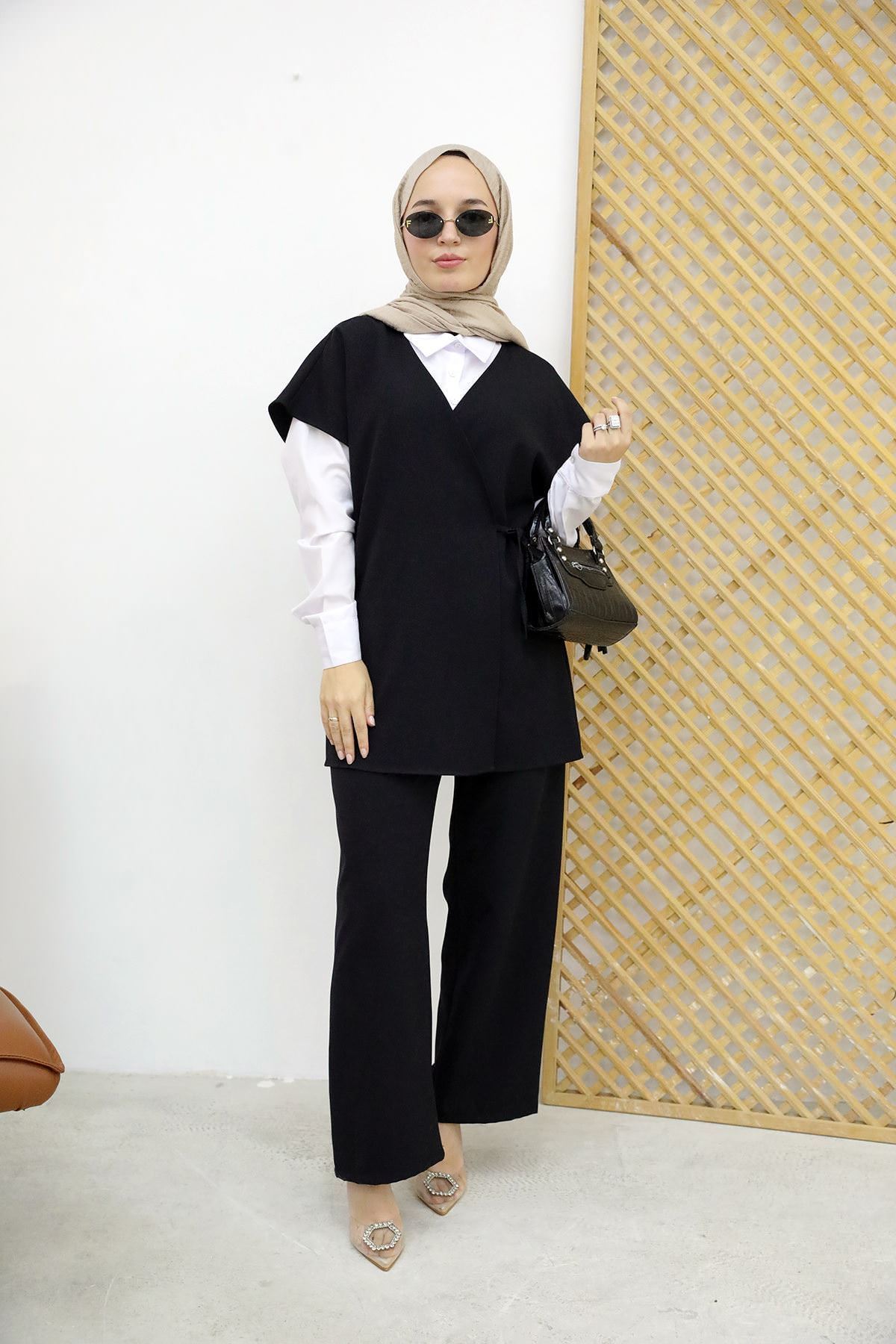 Yan Bağlamalı Yelekli DabılTakım-Siyah