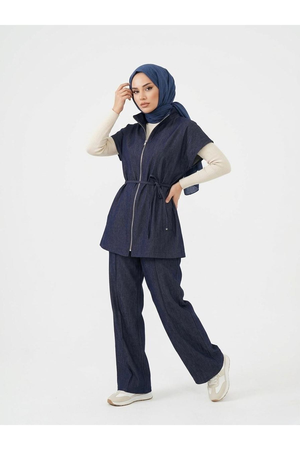 Yelek Fermuar Detay Pantolon Çımalı Takım-Lacivert