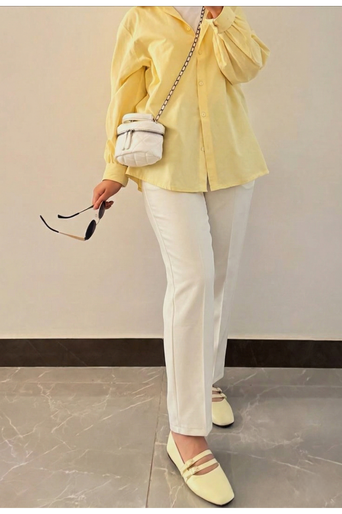 Bel Lastik Düz Paça Pantolon-Ekru