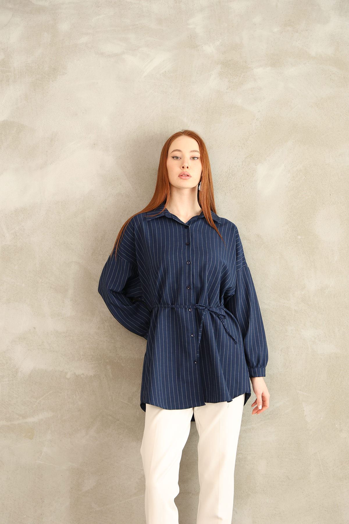 Arka Roba Detay Çizgili Tunik-Lacivert