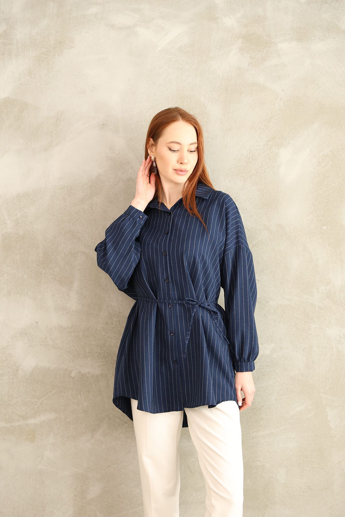 Arka Roba Detay Çizgili Tunik-Lacivert