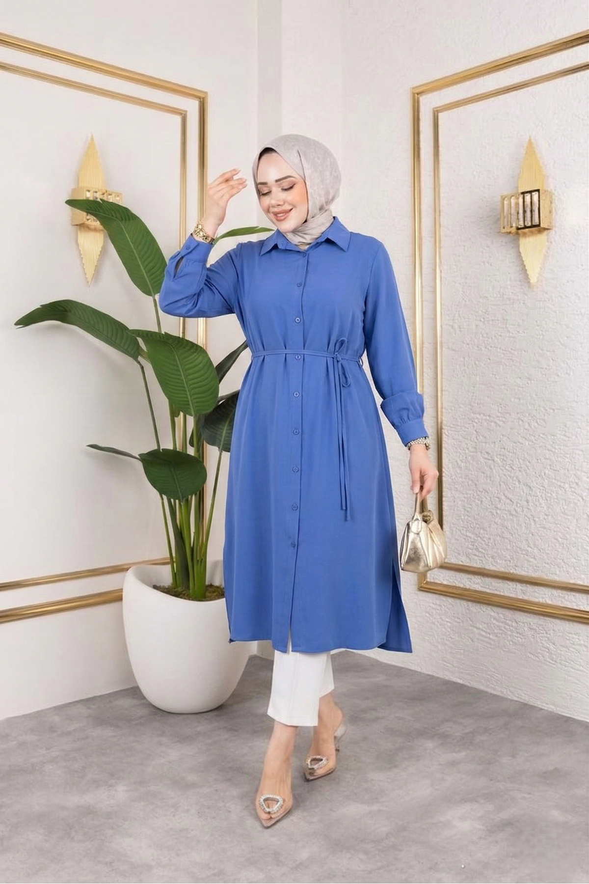 Kadın Yırtmaç Detaylı Kuşaklı Gömlek Yaka Boydan Düğmeli Uzıun Tesettür Tunik-İndigo