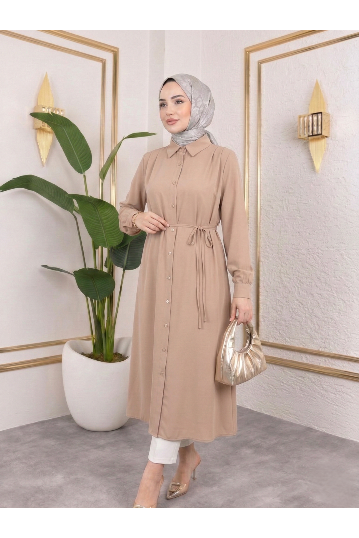 Arka Roba Omuz Pile Uzun Tunik-Pudra