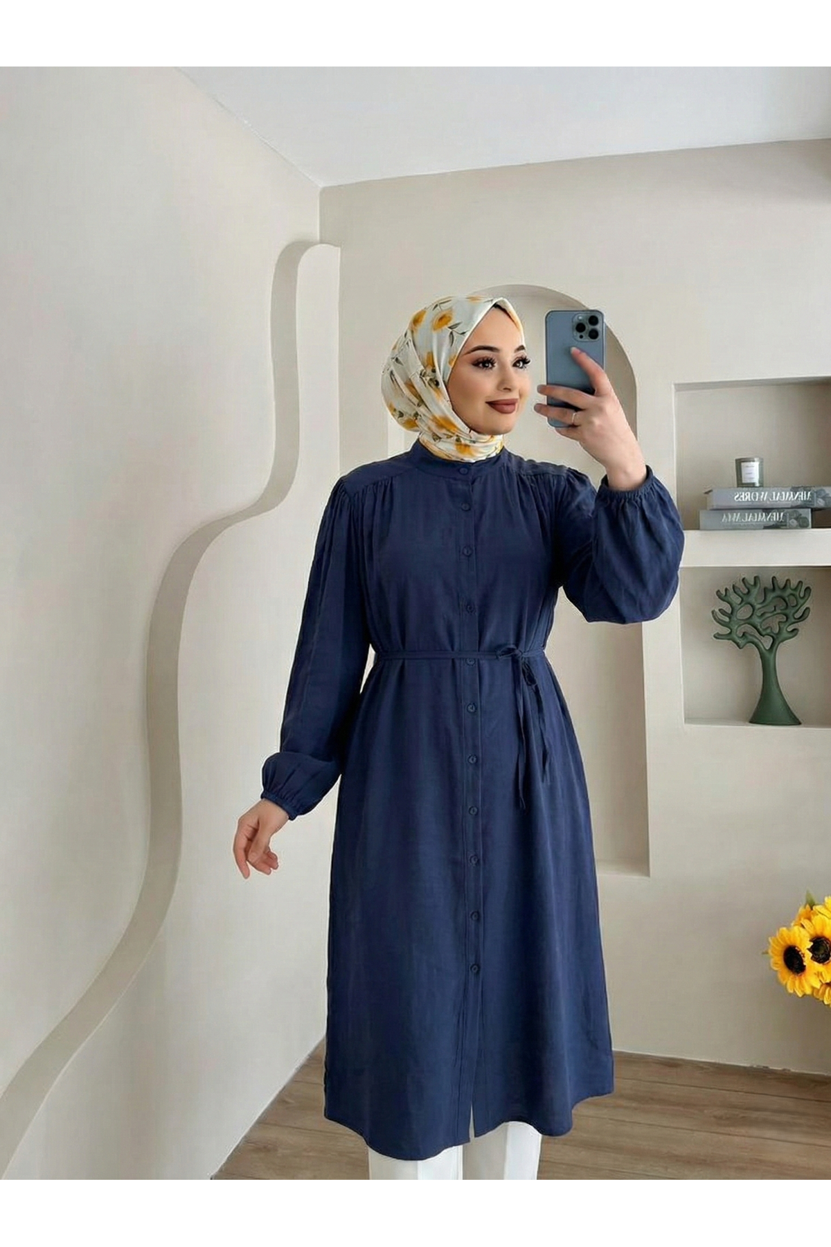 Hakim Yaka Omuz Büzgü Uzun Tunik-Lacivert