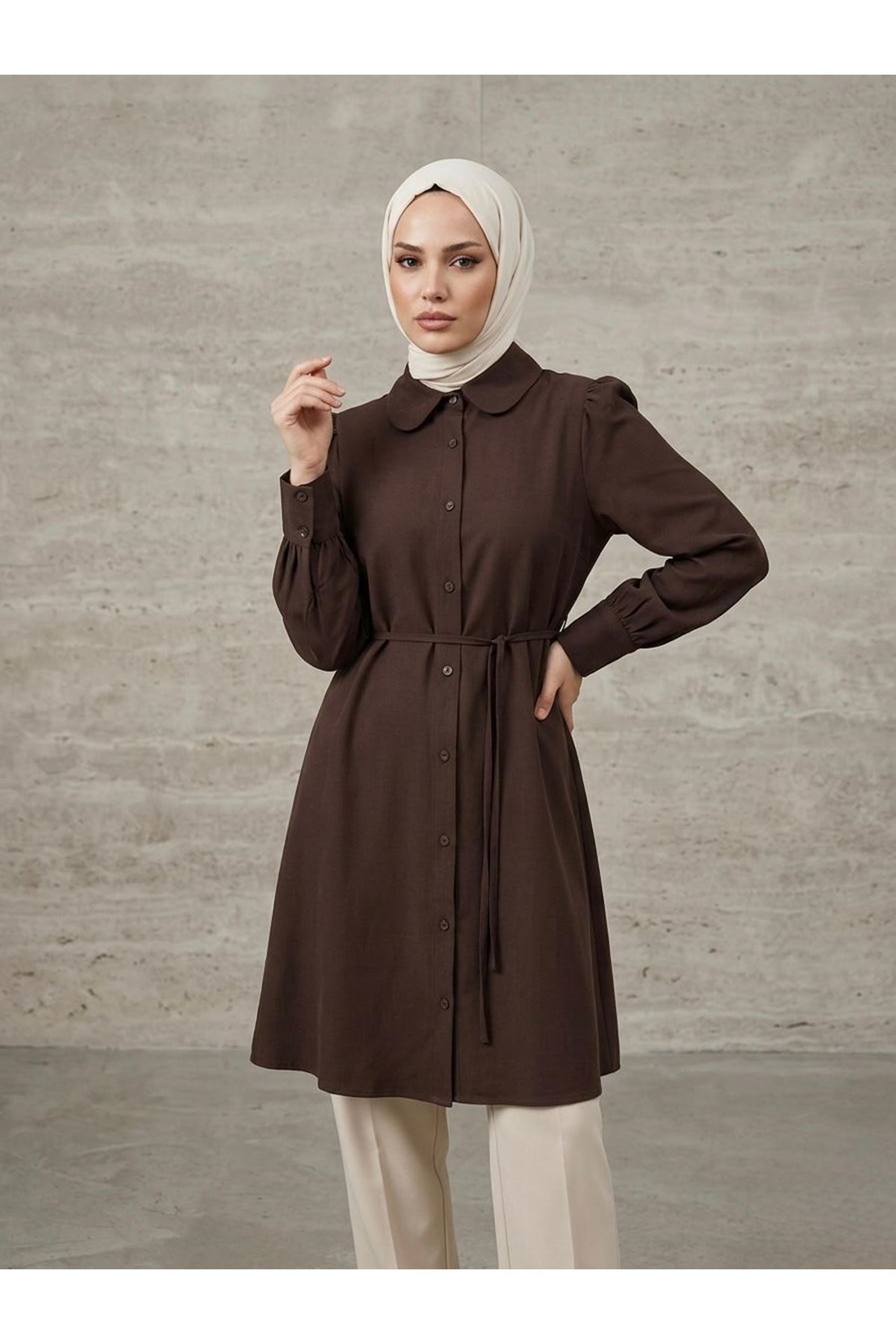 Bebe Yaka Omuz Kol Büzgülü Tunik-Kahve