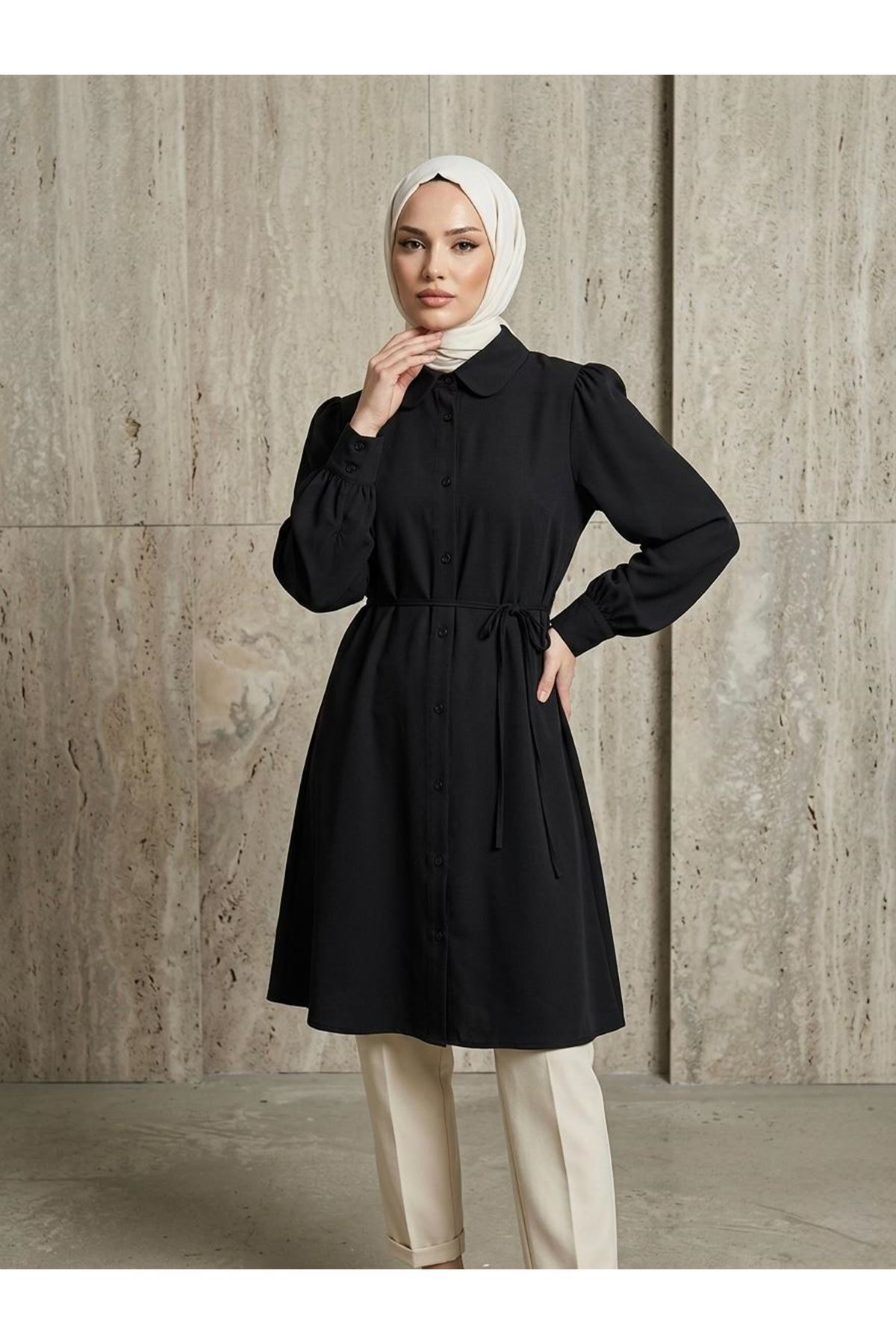 Bebe Yaka Omuz Kol Büzgülü Tunik-Siyah