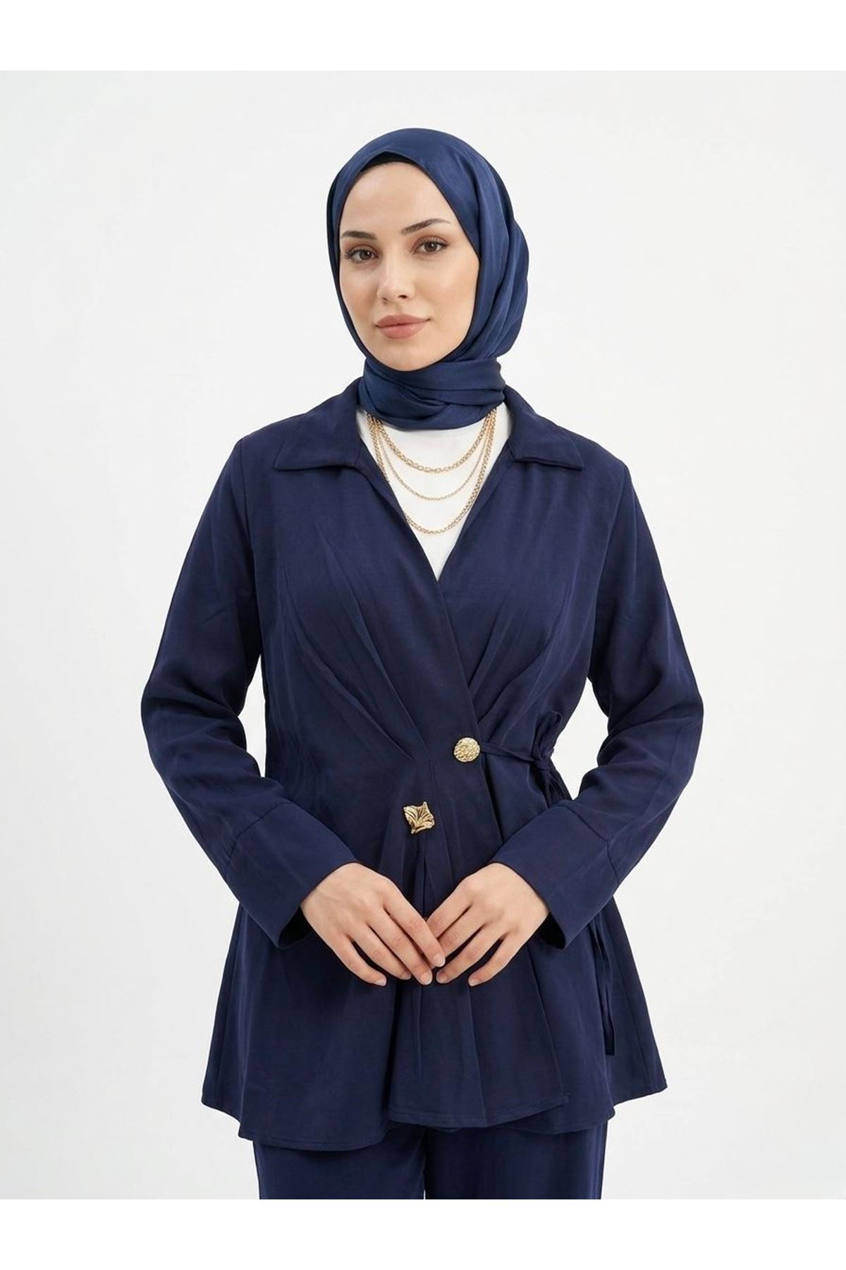 Çift Düğmeli Bağcıklı Tunik-Lacivert