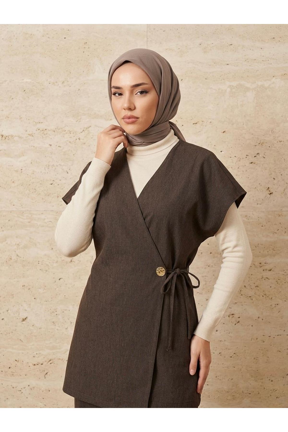 Yandan Bağlamalı Düğme Detay Yelek-Kahve