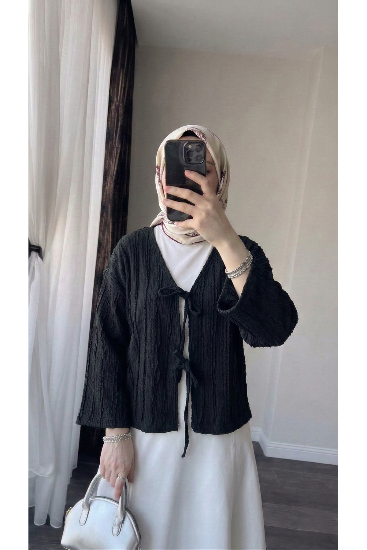 Pileli Ön İki Bağlamalı Tunik-Siyah