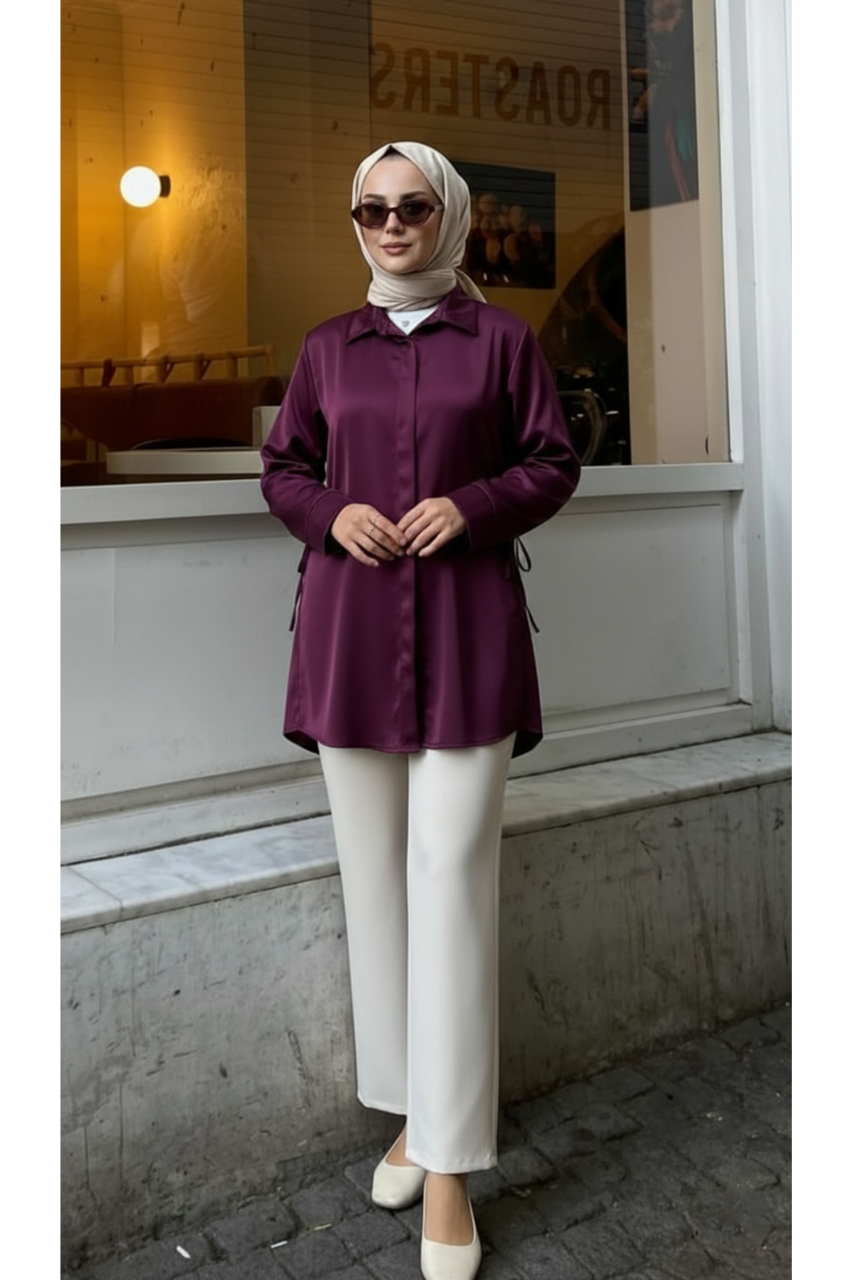 Yan Bağlamalı Saten Tunik-Mürdüm