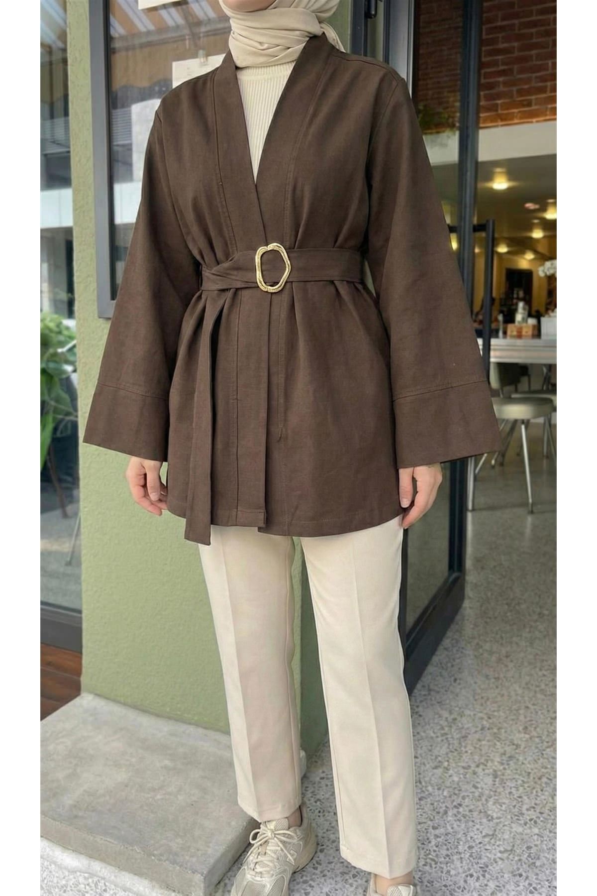 Geniş Manşet Kuşak Detay Ceket-Kahve