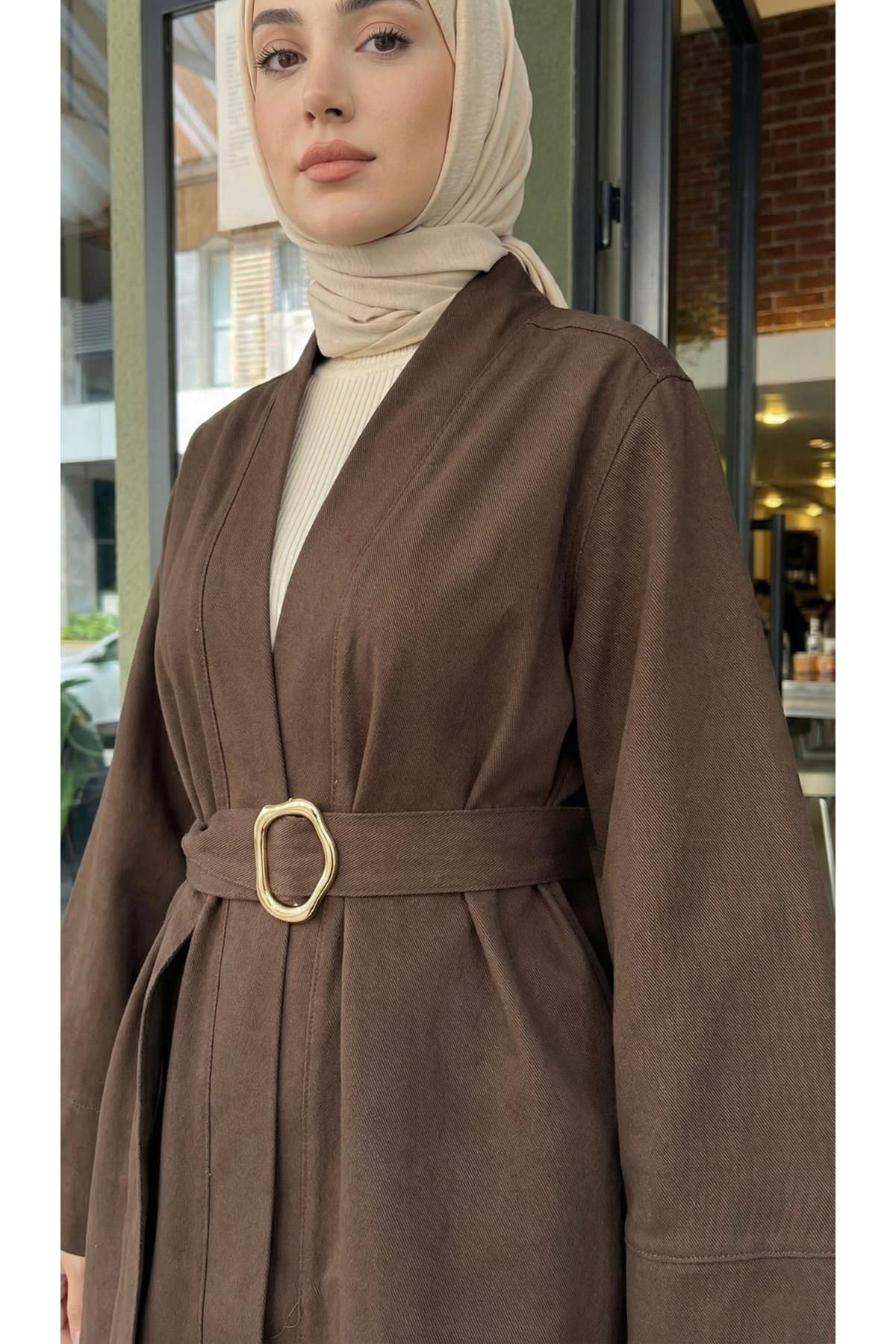 Geniş Manşet Kuşak Detay Ceket-Kahve