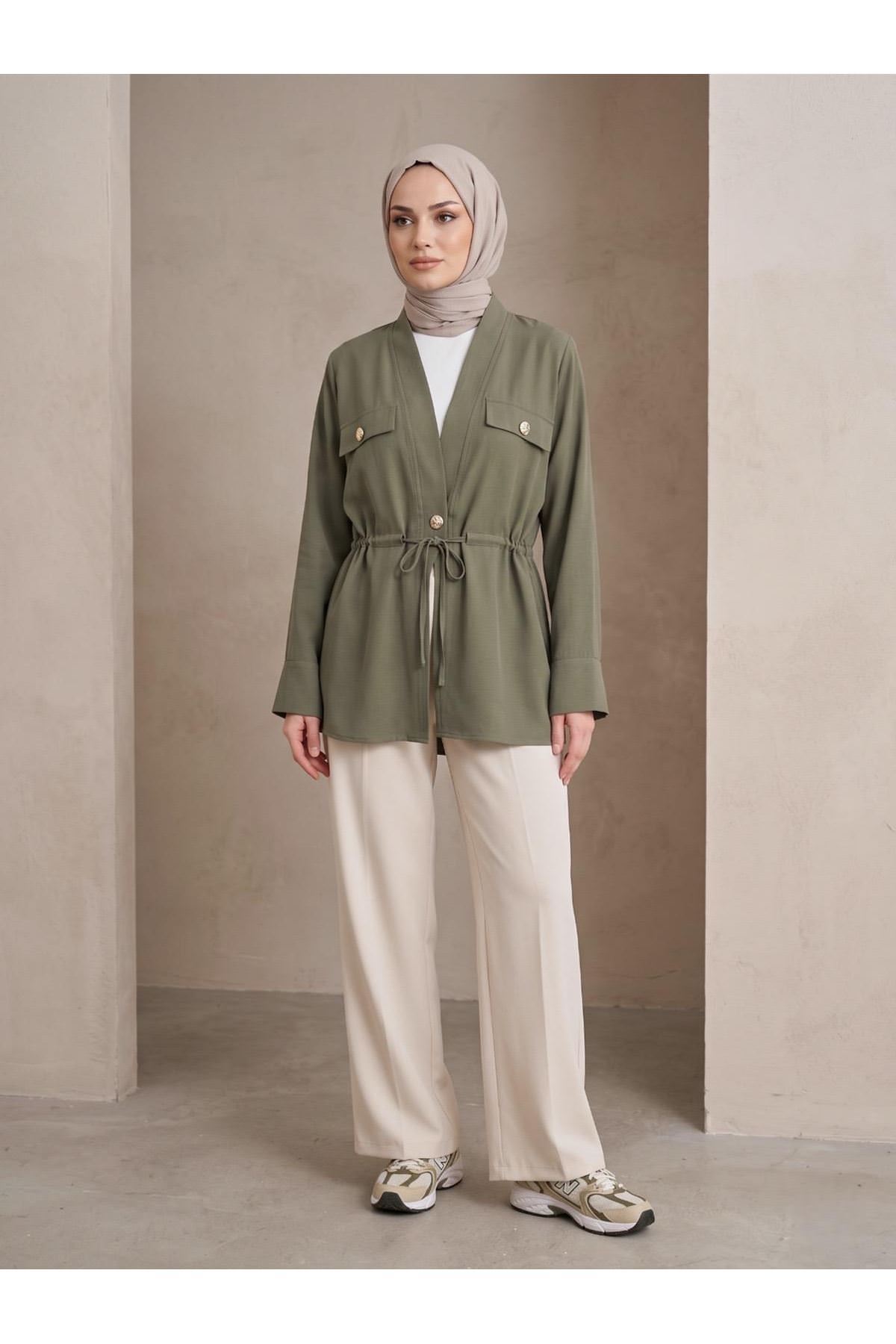 Çift Kapak Tünel Detay Ceket-Haki