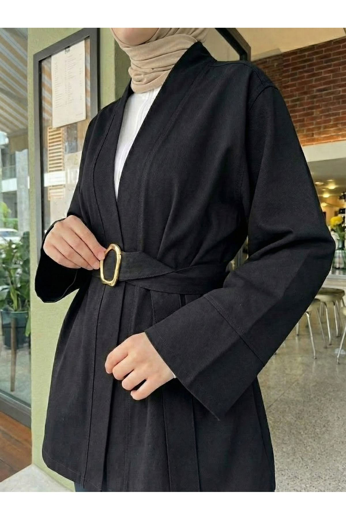 Geniş Manşet Kuşak Detay Ceket-Siyah
