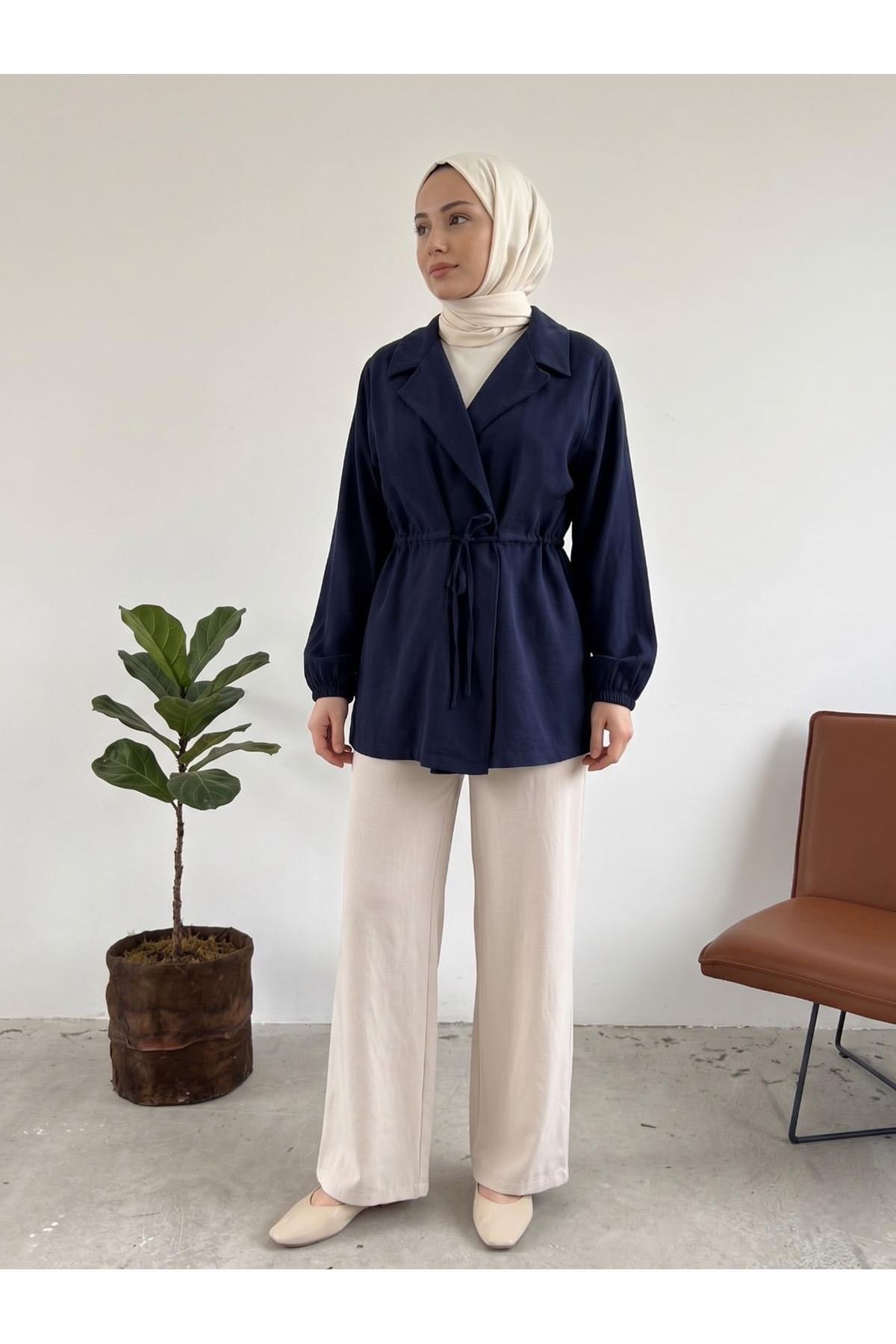 Beli Tünelli Kol Lastik Ceket-Lacivert