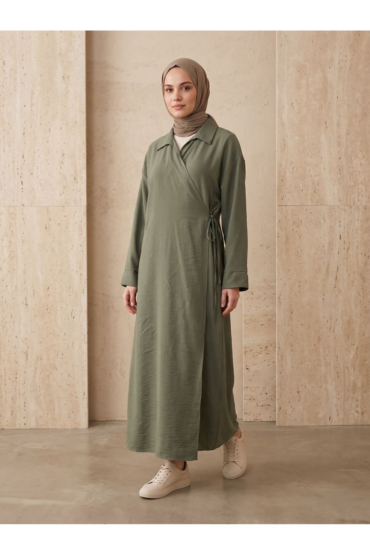 Yakalı Yandan Bağlamalı Uzun Ceket-Haki