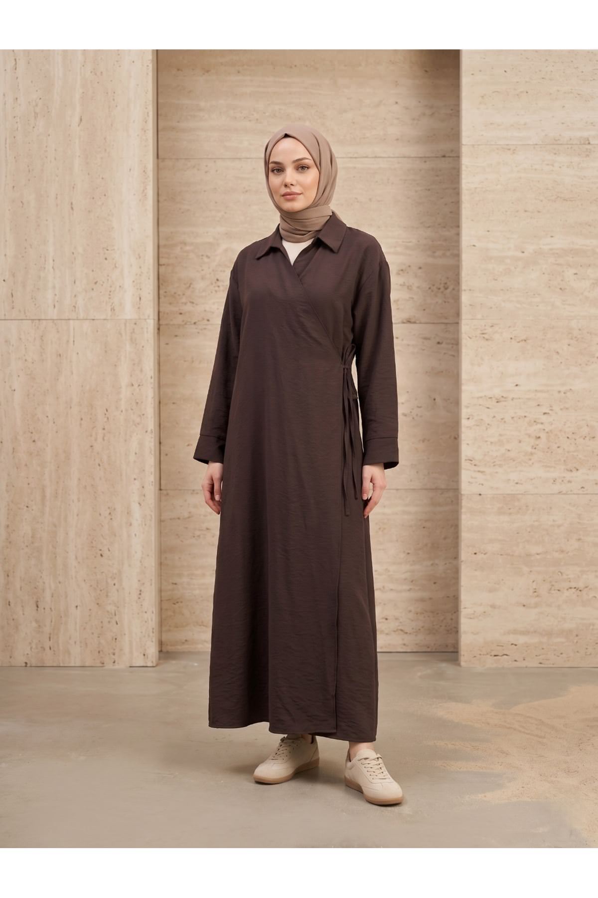 Yakalı Yandan Bağlamalı Uzun Ceket-Kahve
