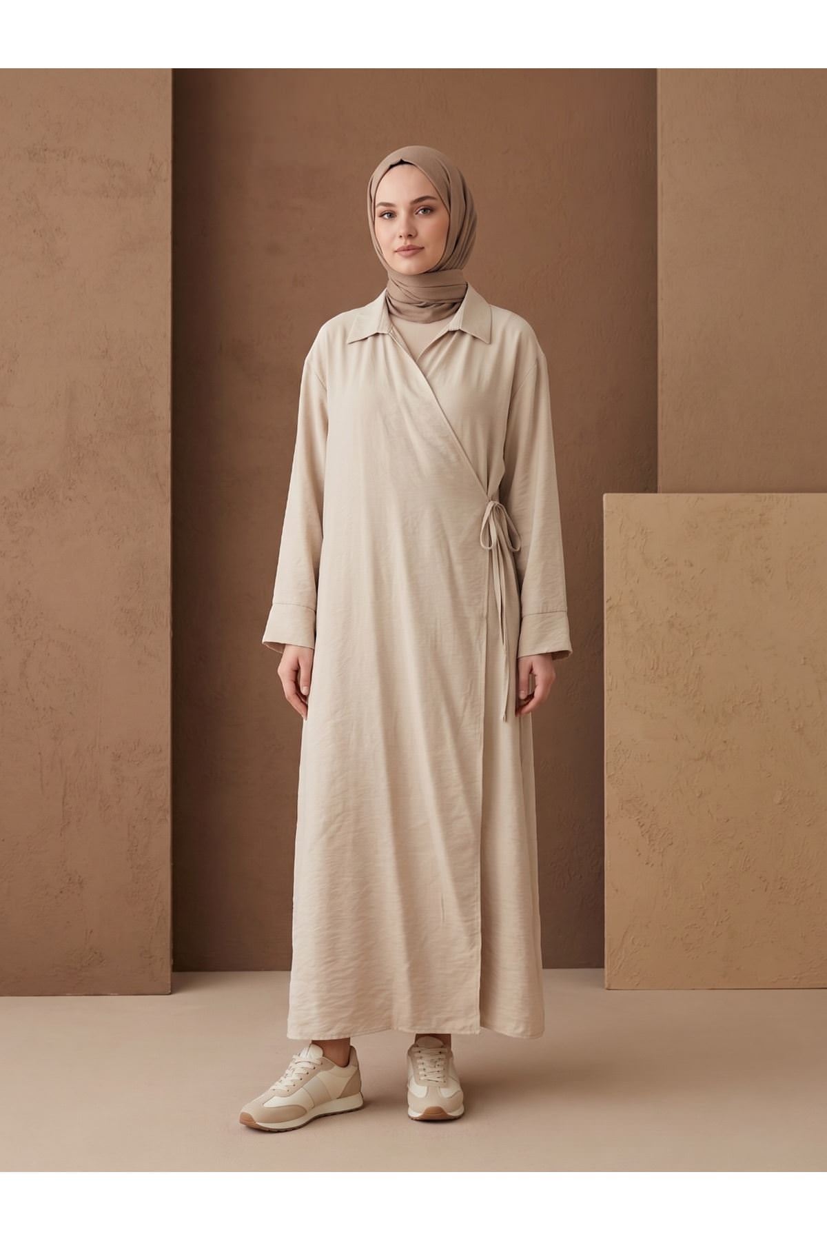 Yakalı Yandan Bağlamalı Uzun Ceket-Taş