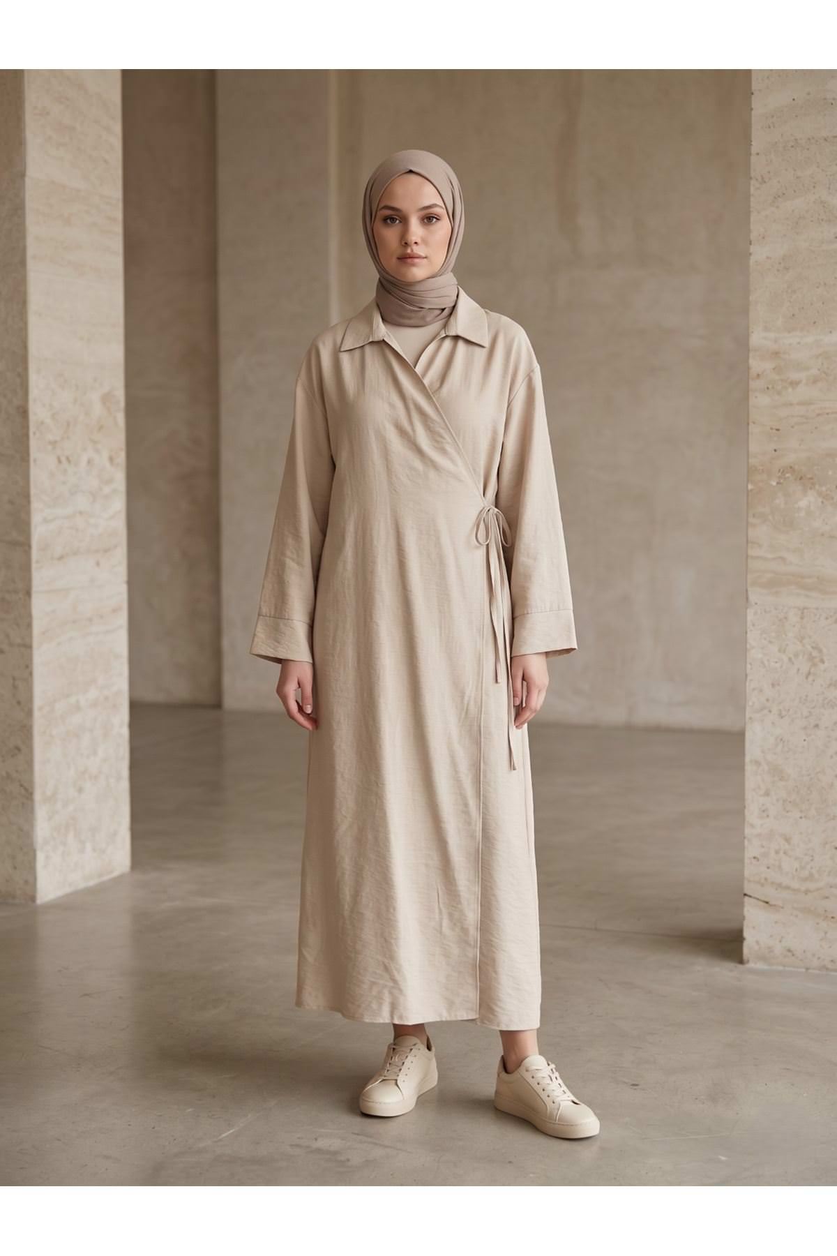 Yakalı Yandan Bağlamalı Uzun Ceket-Taş