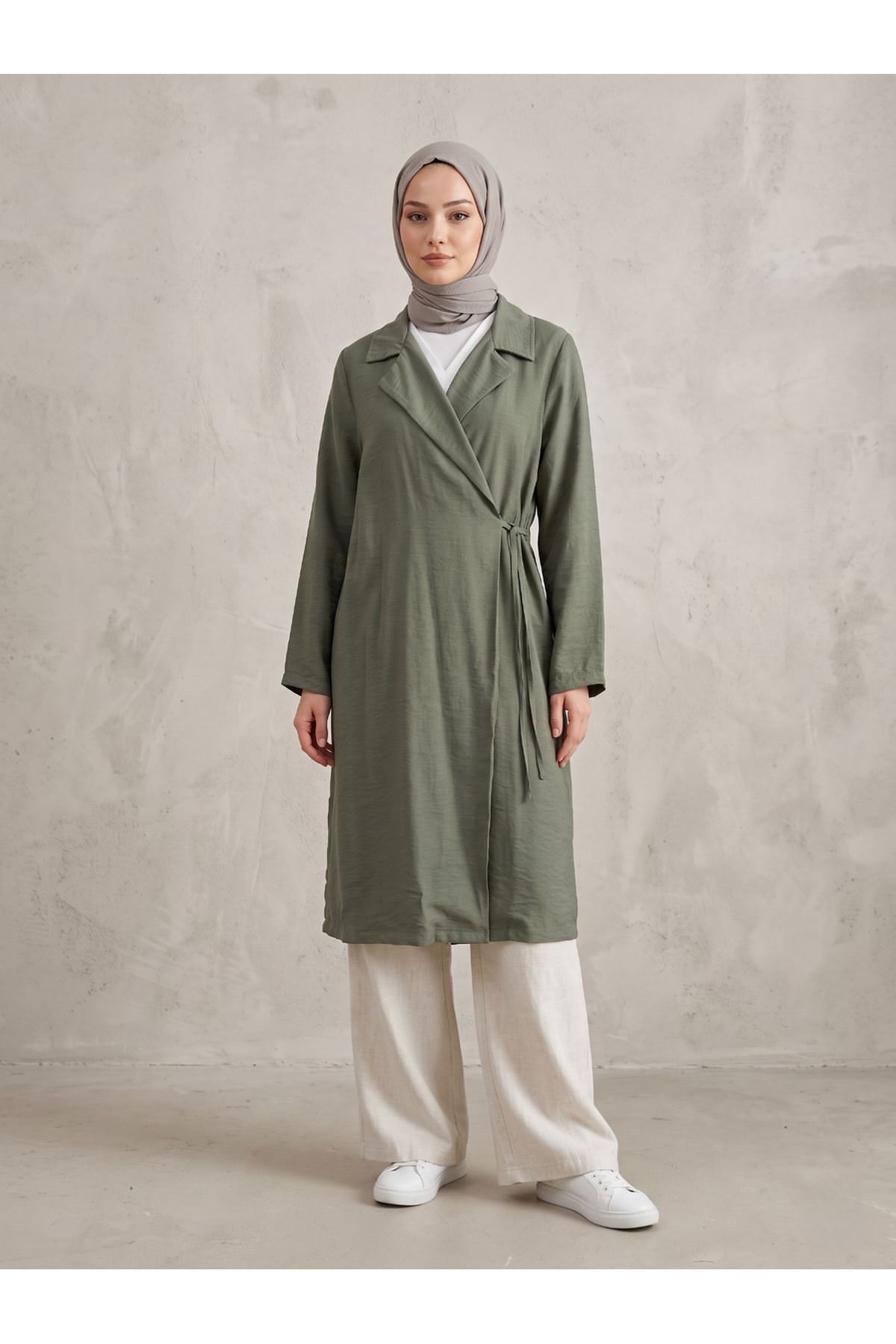 Yakalı Yandan Bağlamalı Kısa Ceket-Haki