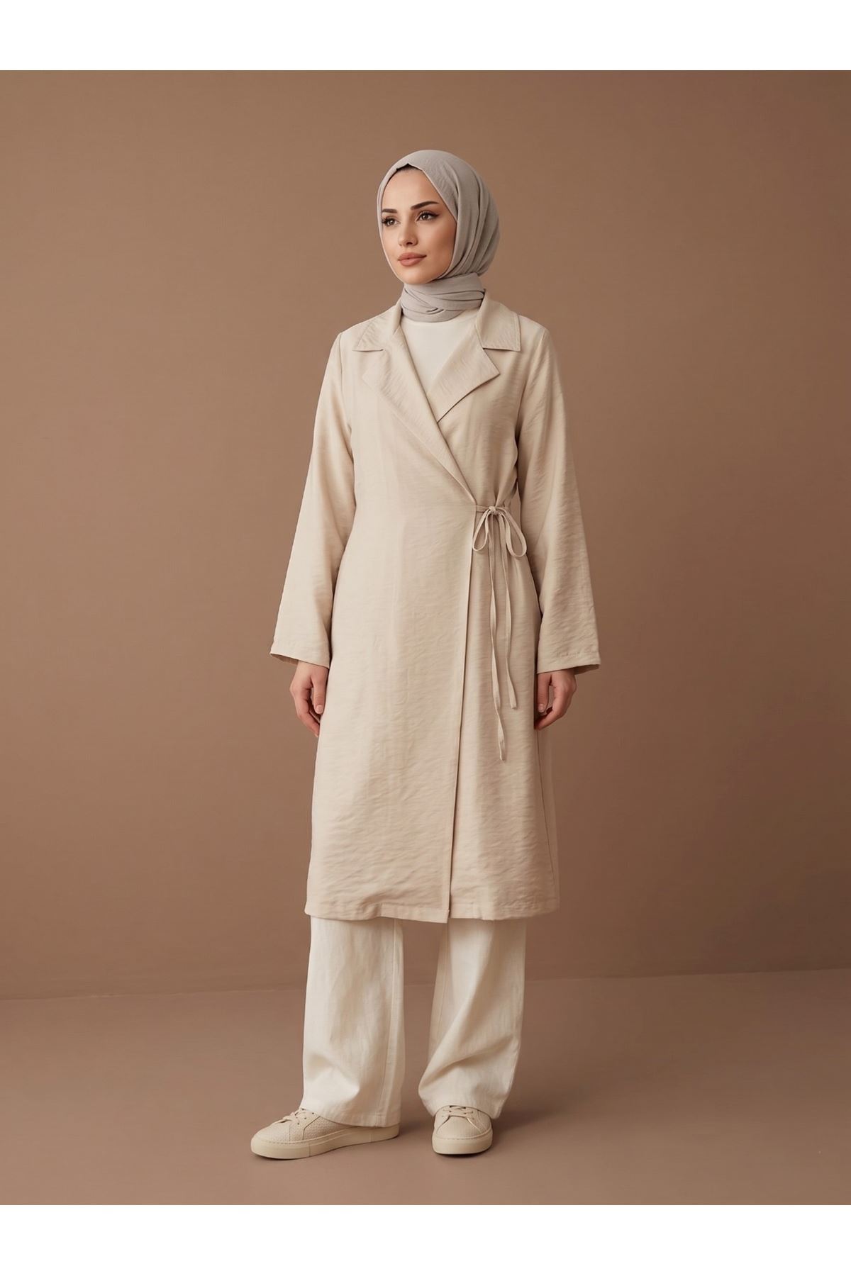 Yakalı Yandan Bağlamalı Kısa Ceket-Taş