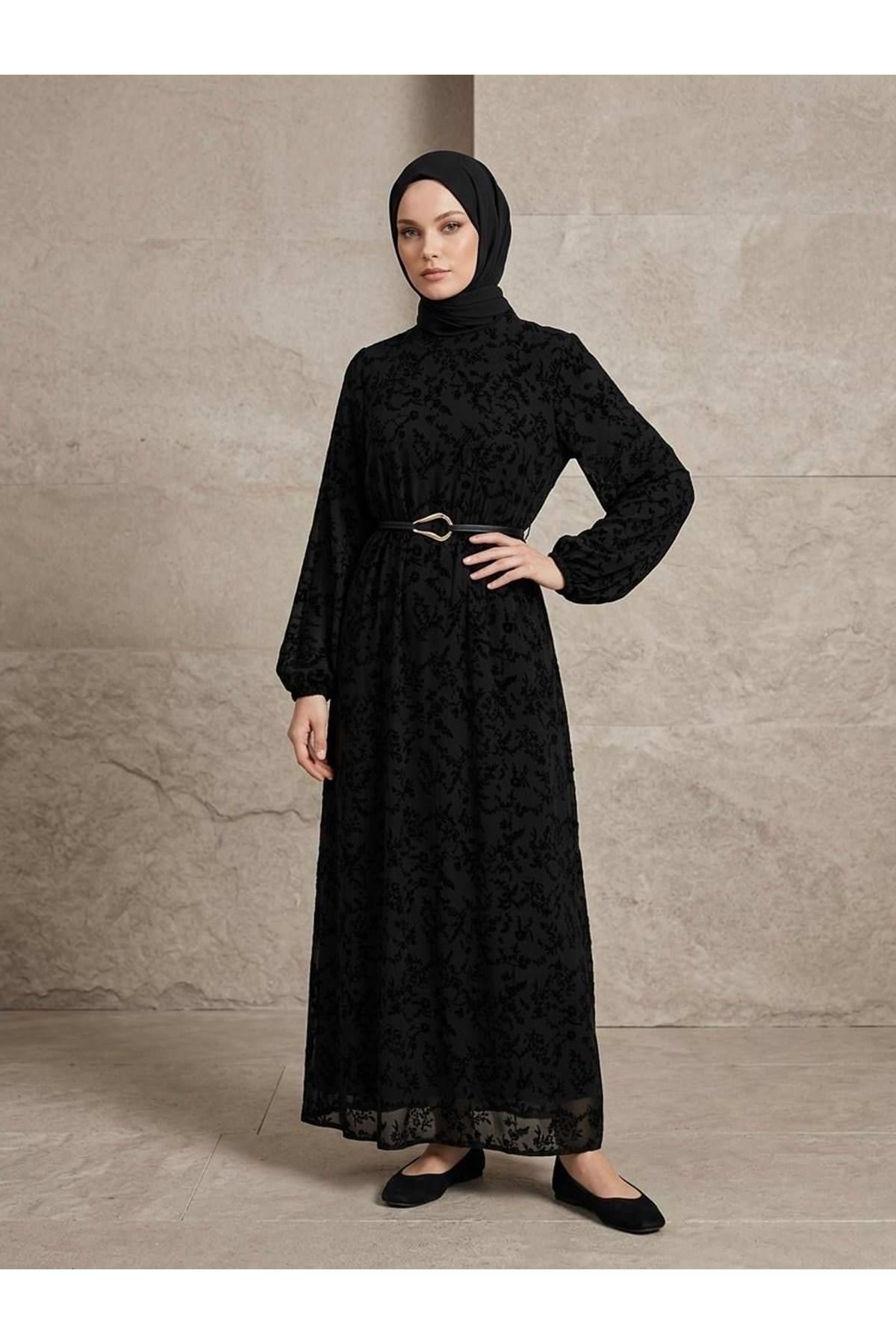 Flok Baskılı Tül Elbise-Siyah