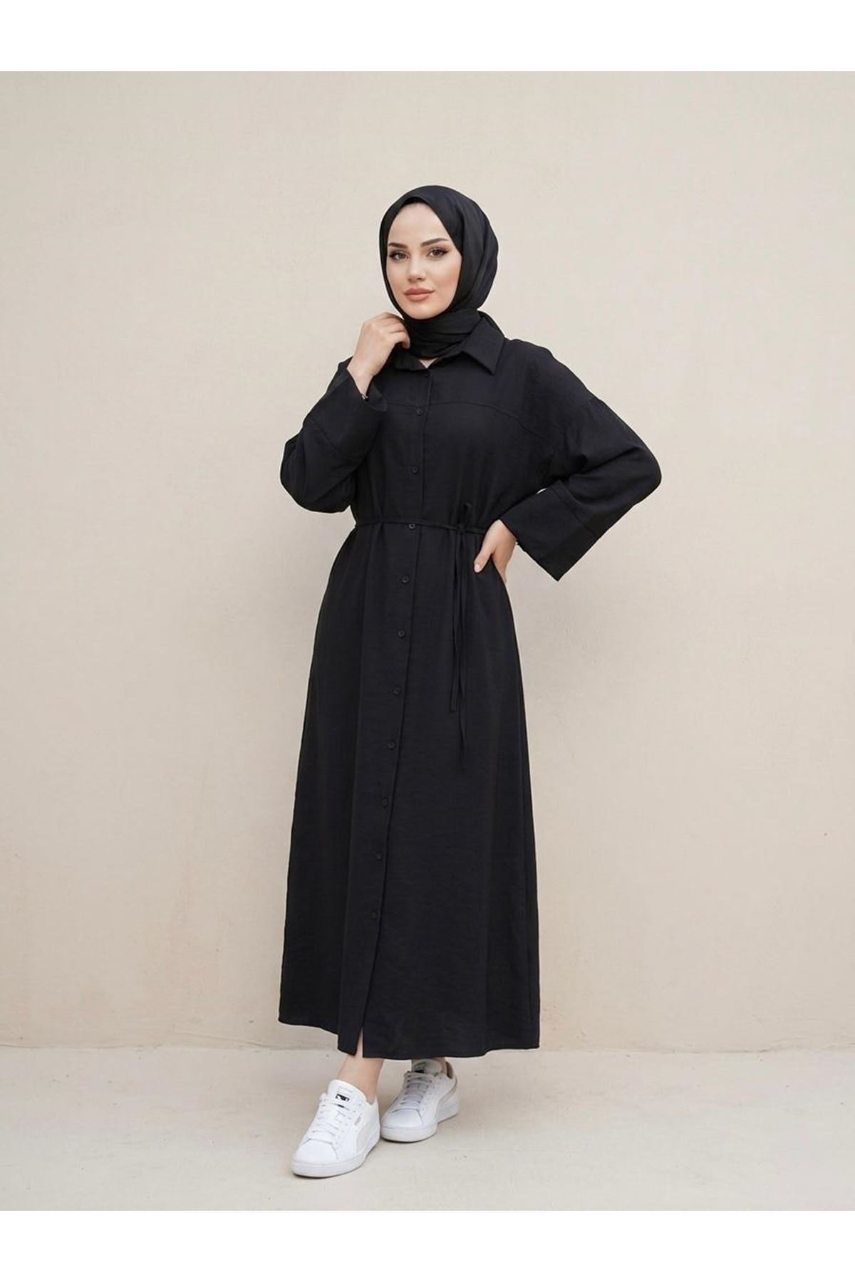 Ön Roba Detay Takma Manşet Elbise-Siyah