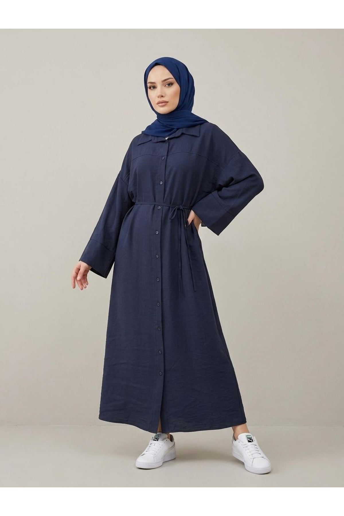 Ön Roba Detay Takma Manşet Elbise-Lacivert