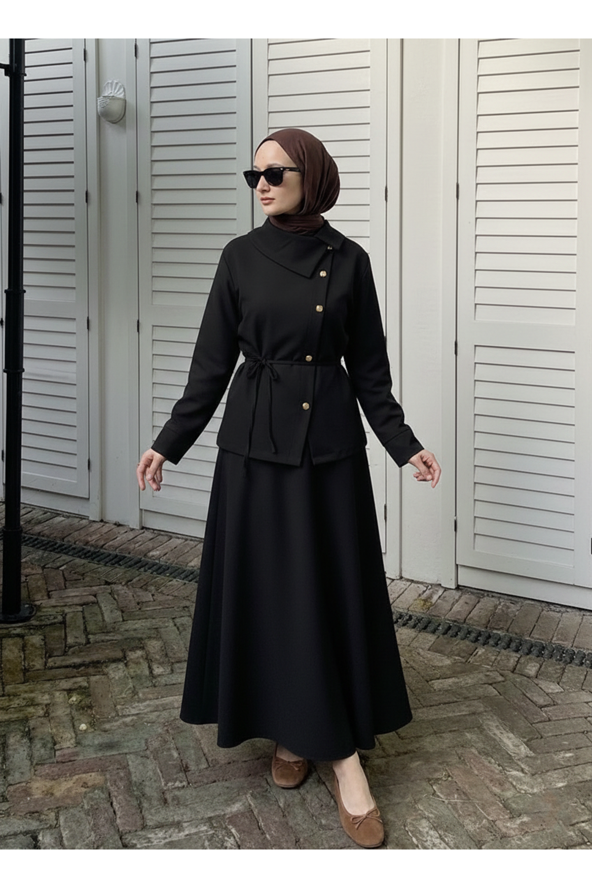 Çapraz Düğmeli Etekli Takım-Siyah