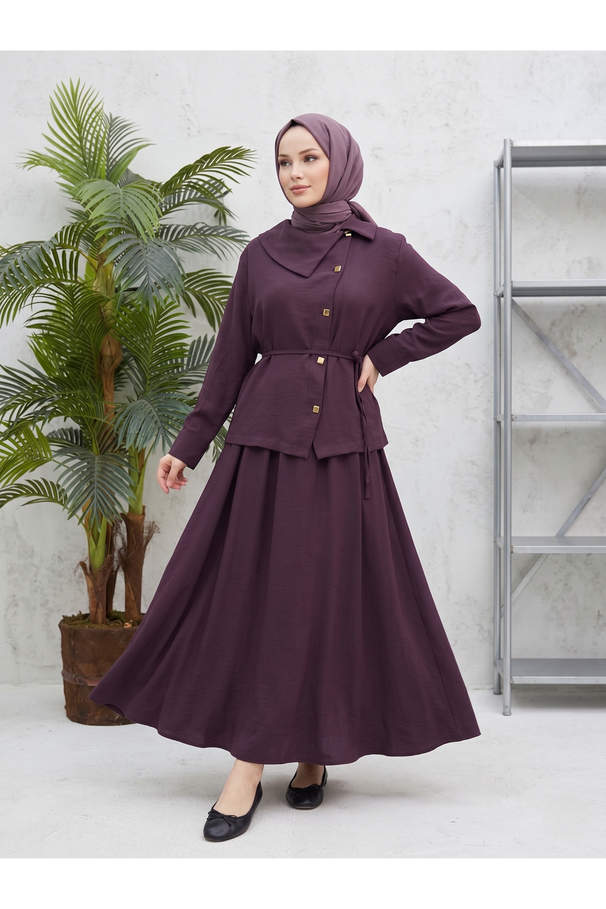 Çapraz Düğmeli Etekli Takım-Bordo