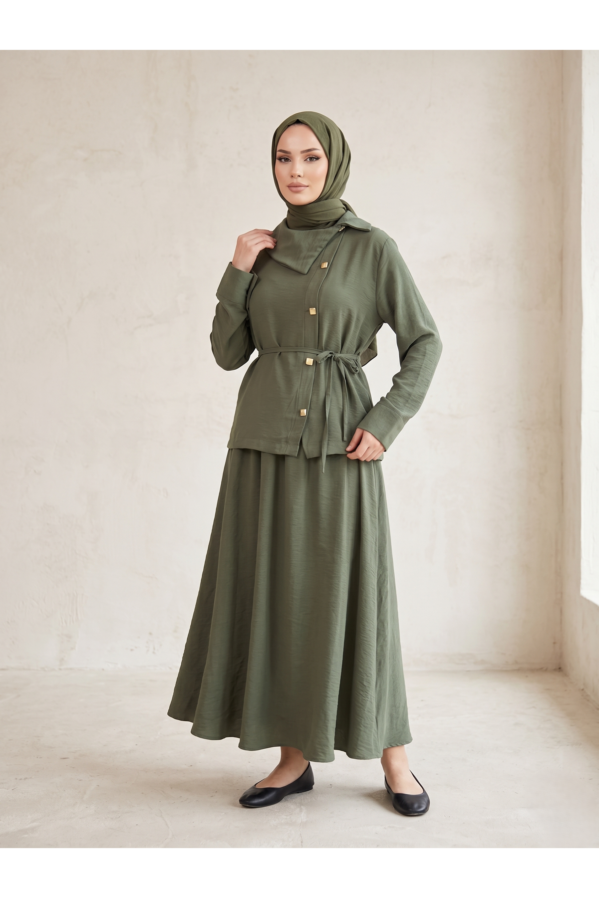 Çapraz Düğmeli Etekli Takım-Haki