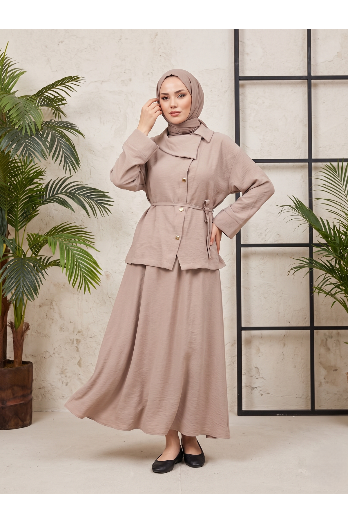 Çapraz Düğmeli Etekli Takım-Vizon