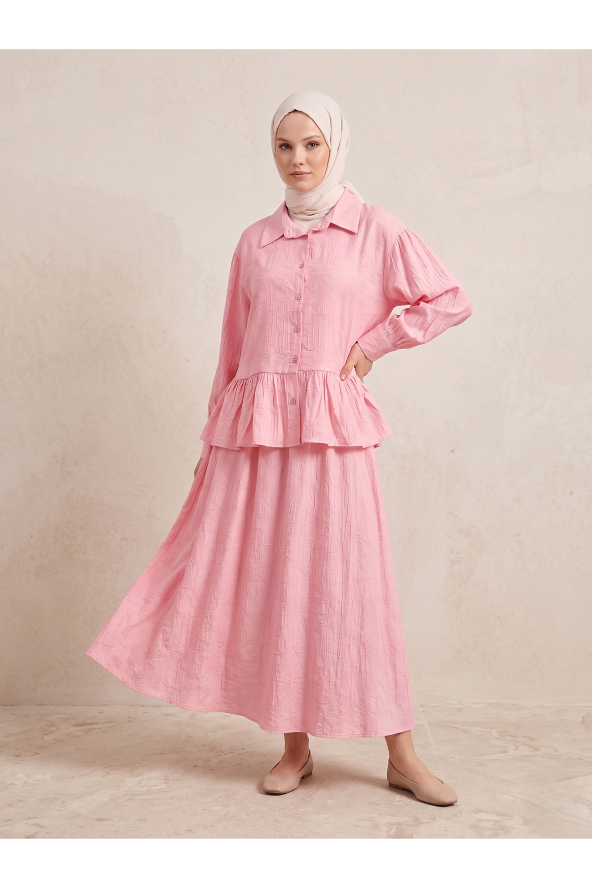 Büzgülü Etekli Takım-Pembe