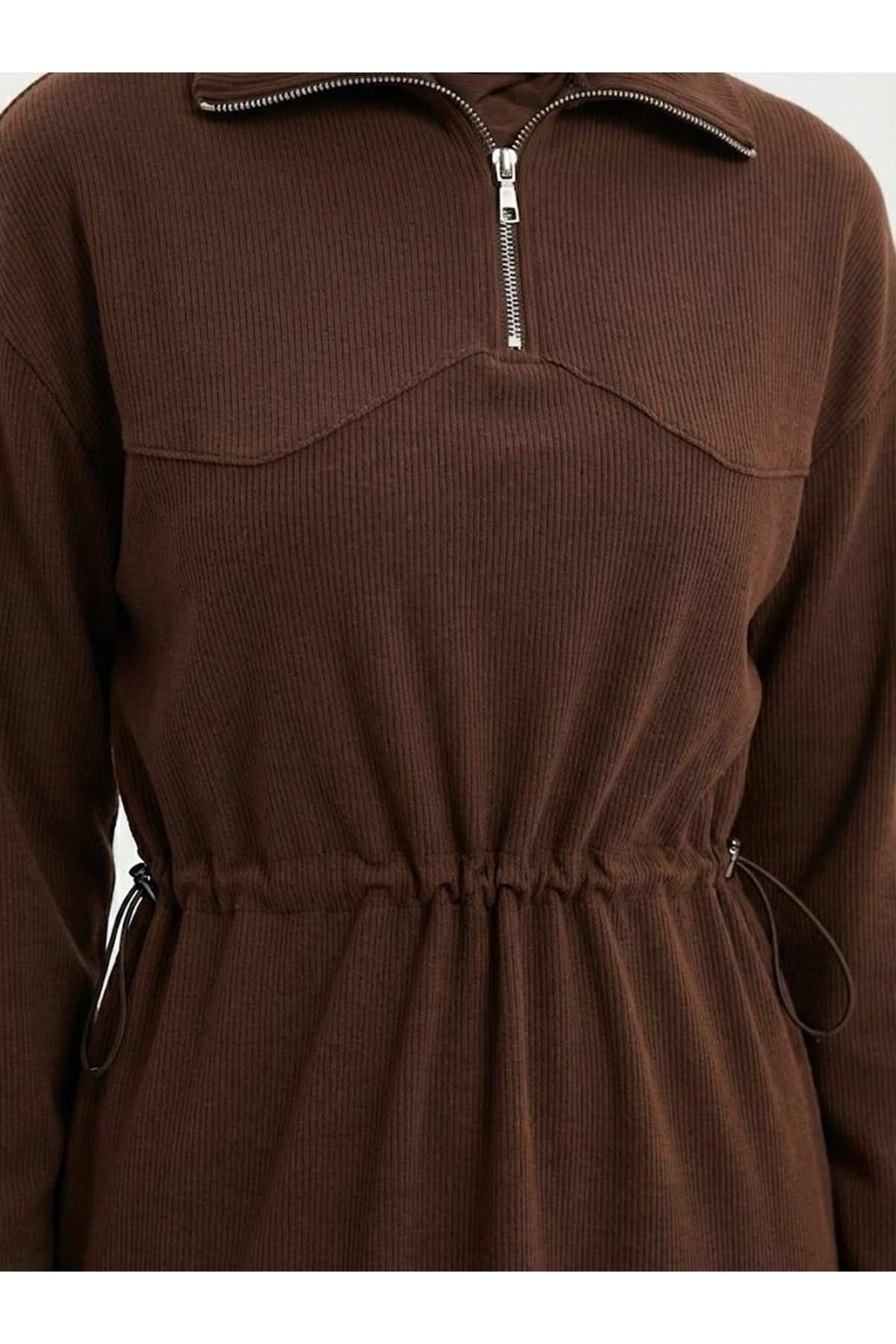 Beli Stoper Tünellii Elbise-Kahve