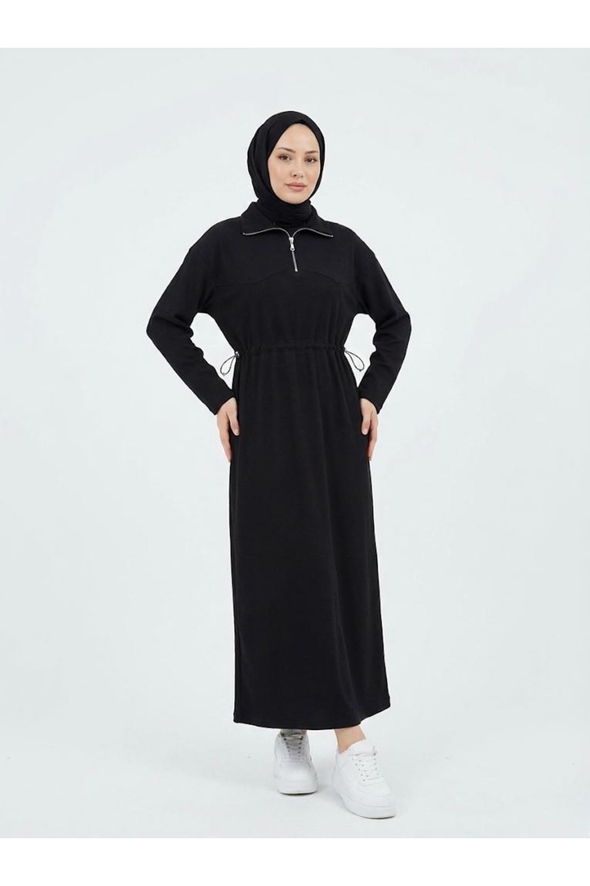 Beli Stoper Tünellii Elbise-Siyah