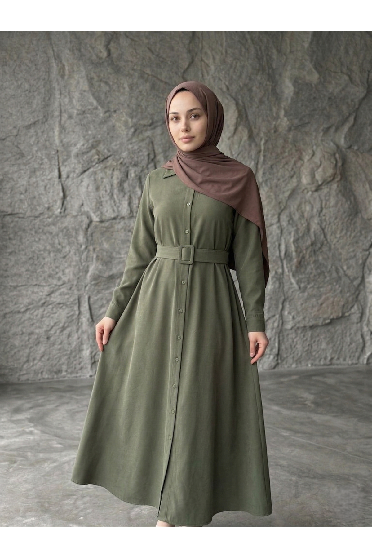Kaplama Kemer Detay Elbise-Haki