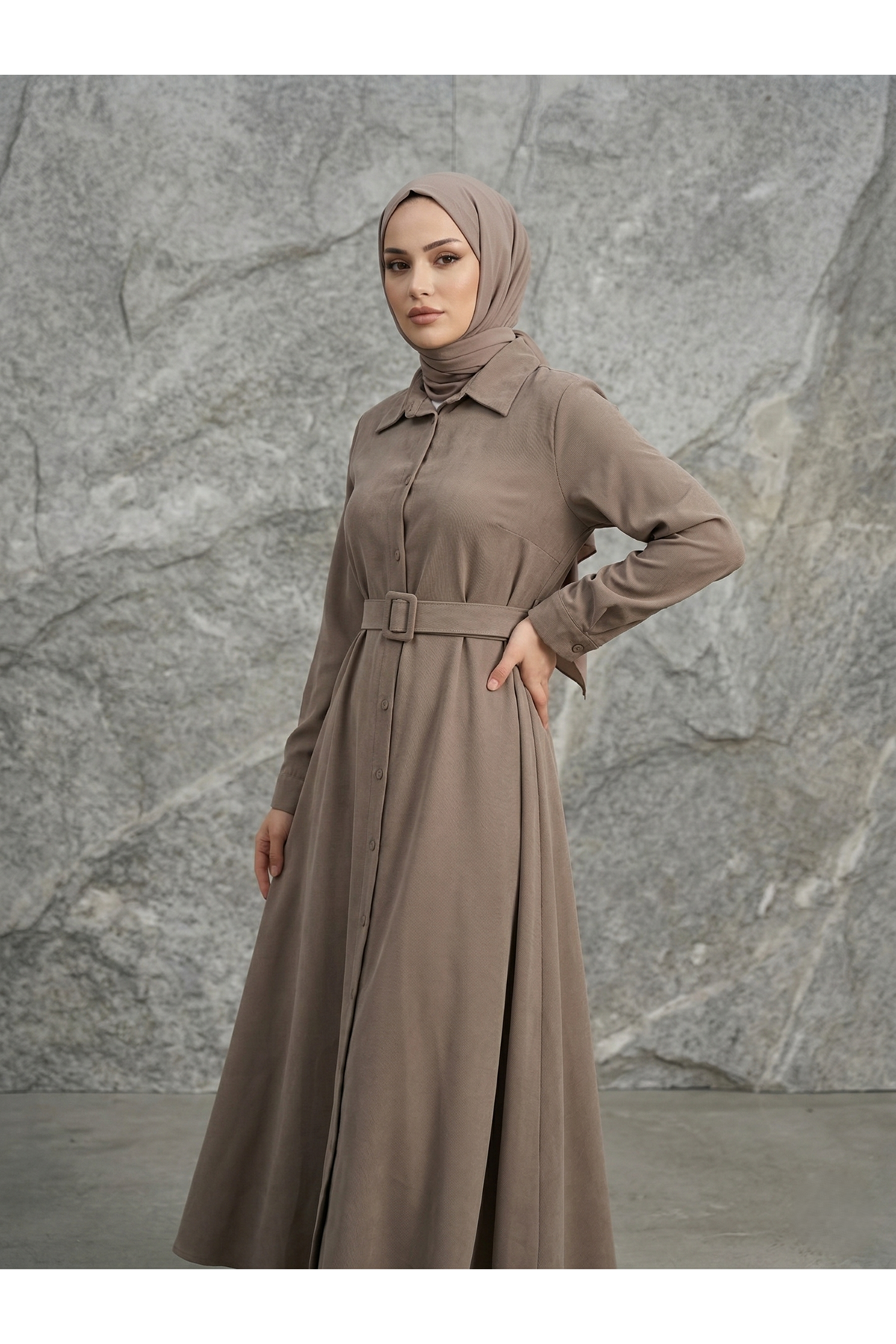 Kaplama Kemer Detay Elbise-Duman
